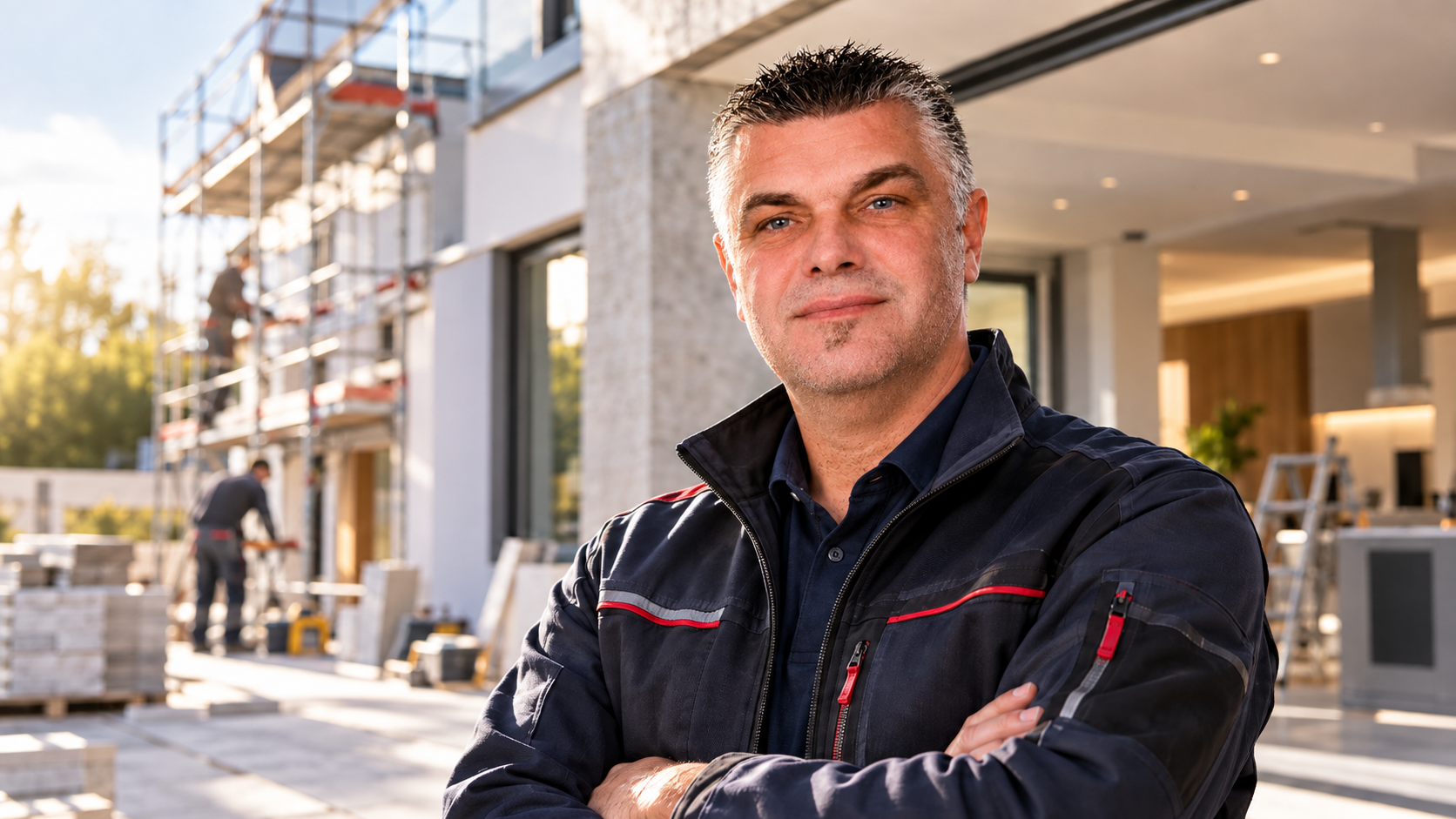 Bauleiter auf einer Baustelle vor einem modernisierten Wohngebäude