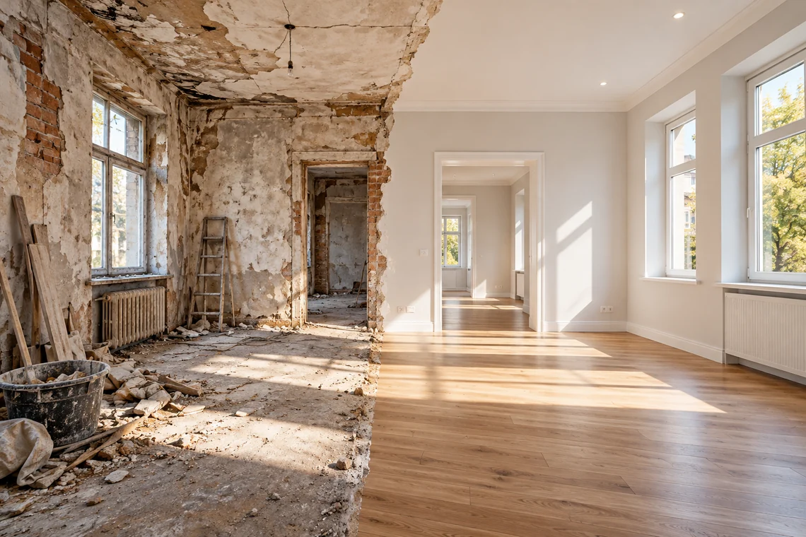 Gegenüberstellung eines sanierungsbedürftigen und eines modernisierten Innenraums