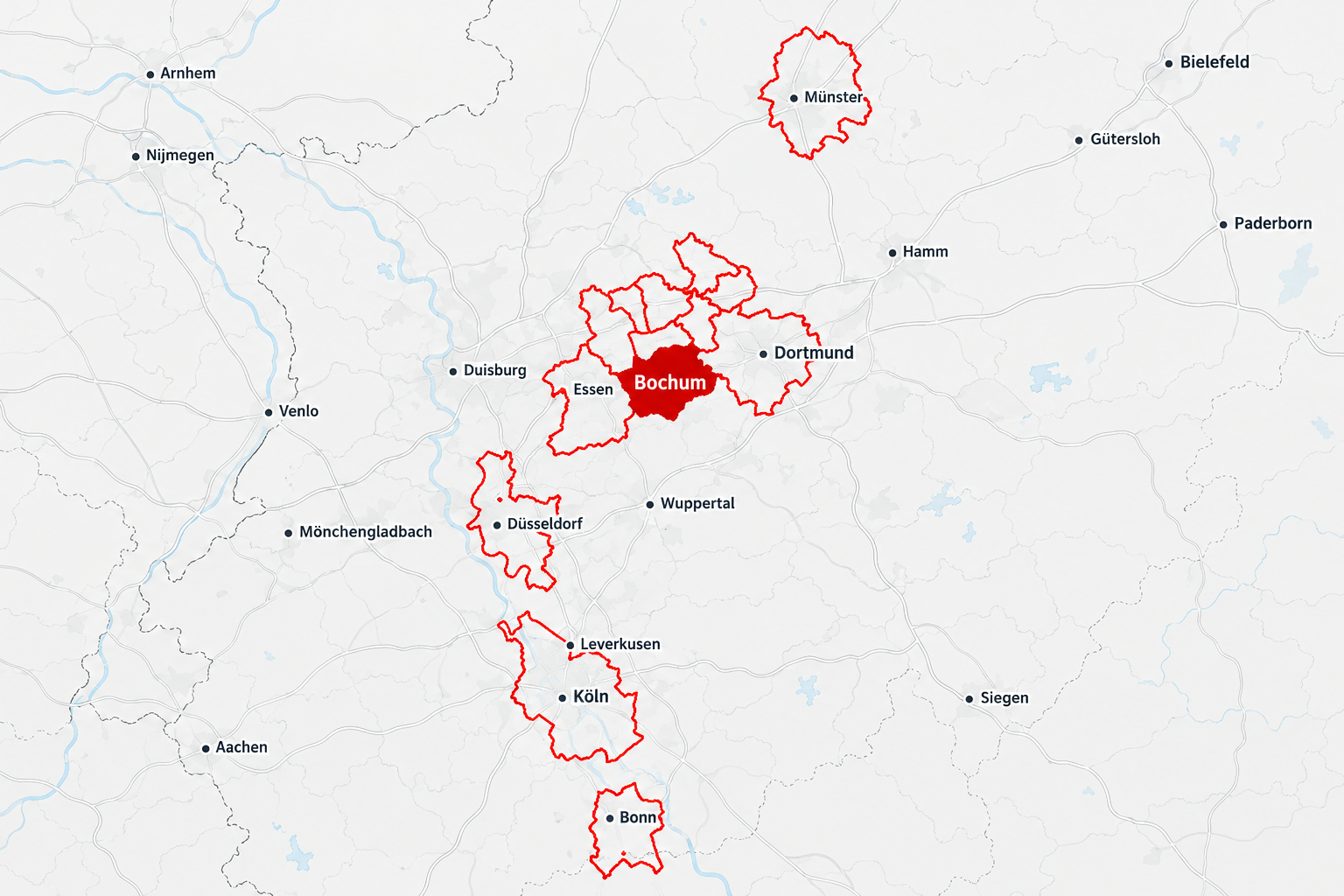 Karte der regionalen Einsatzgebiete von HWC-Bauservice mit hervorgehobenem Firmensitz Bochum und weiteren Einsatzorten in Nordrhein-Westfalen Karte der regionalen Einsatzgebiete von HWC-Bauservice mit hervorgehobenem Firmensitz Bochum und weiteren Einsatzorten in Nordrhein-Westfalen
