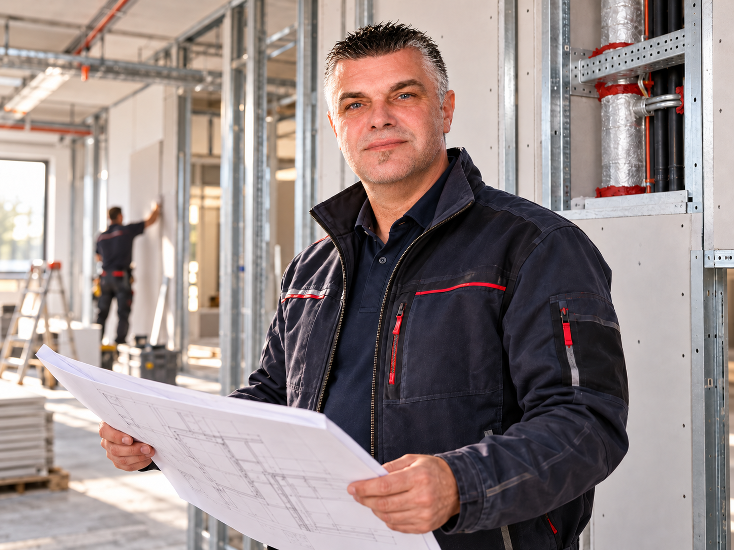 Bauleiter mit Bauplänen auf einer Baustelle Bauleiter mit Bauplänen auf einer Baustelle
